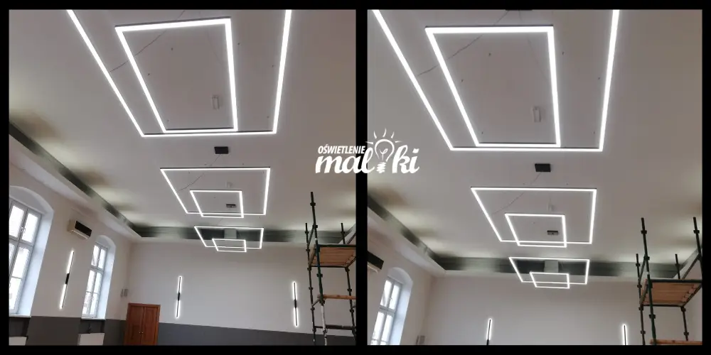 Lampy w kształcie prostokąta dla sali wiejskiej w Nielubi Lampy w kształcie prostokąta dla sali wiejskiej w Nielubi